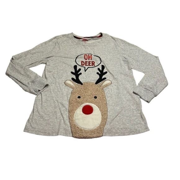 Holiday Time Womens Reindeer Soft Fuzzy "Oh Deer" Graphic XMAS Shirt Size M Grey - Picture 1 of 7